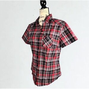 Sweet Love Womens 2X Red Black Plaid Short Sleeve Button Down Shirt Pocket